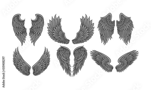 Set Of Six Pairs Of Wings In Tattoo Style Flat Vector Illustration