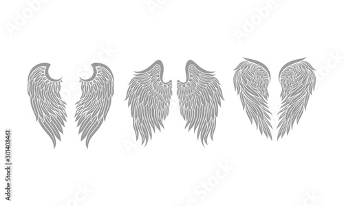 Set Of Three Pairs Of White Wings In Tattoo Style Flat Vector Illustration
