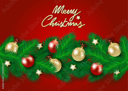 Christmas background with fir  baubles and text on red