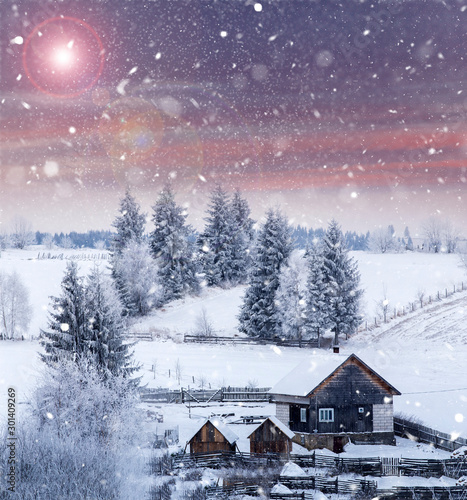 Wooden cottage in a fairy-tale winter landscape. © belyaaa
