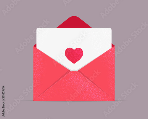 Vector greeting card for Valentine's day. Opened envelope with white card and heart. Love letter. Be my valentine