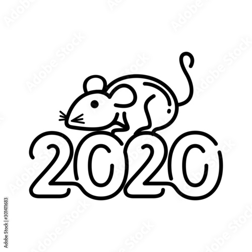 Chinese new year 2020 lettering and logotype  designed with black line design  related number and mouse or rat icon for celebrating Year of the rat