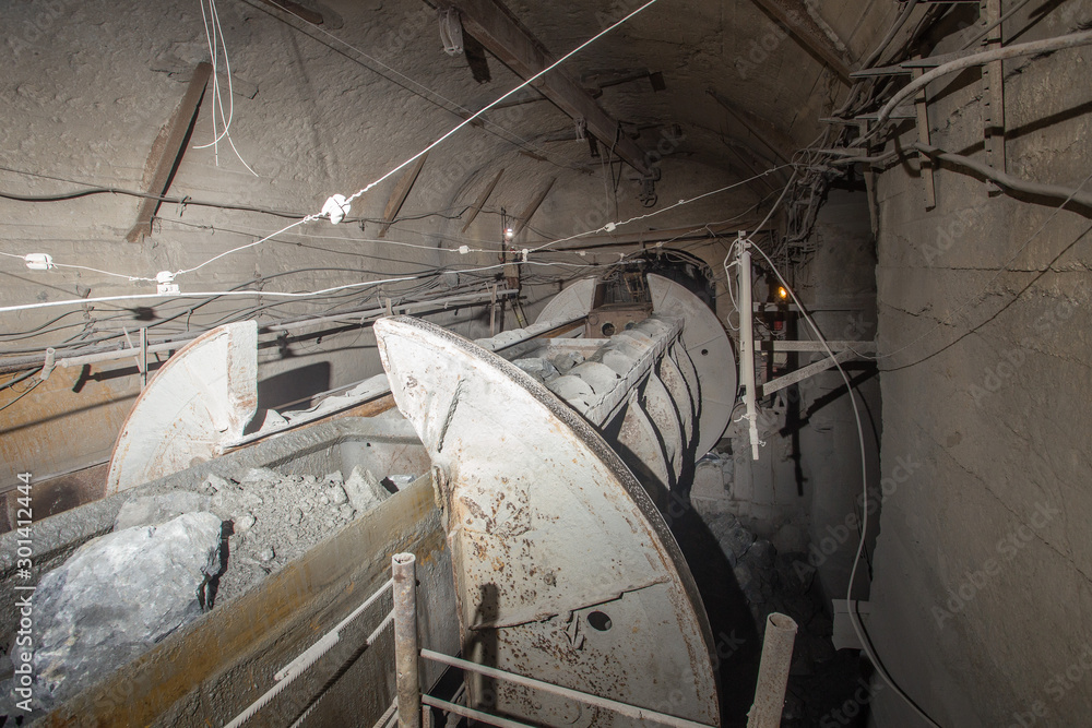 Gold iron mine ore shaft tunnel with miner wagon dumper tipper Gold iron mine ore shaft tunnel with miner wagon dumper tipper