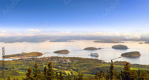 Panoramic view of Bar Harbor in the morning with cruise ships and cluster of small islands from Cadillac Mountain in Acadia National Park, Maine USA