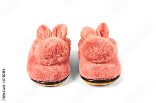 Cute warm fluffy women's Bunny Slippers isolated on white background