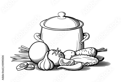 Composition of metallic pot and vegetables. Still life with pan, beetroot, garlic, tomato, potato, cucumber, carrot. Black and white vector illustration in retro style
