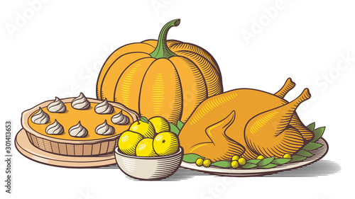 Composition for thanksgiving dinner. Big pumpkin, sweet pumpkin pie decorated with cream, roast turkey with garnish and apples. Retro style colored vector image, isolated on white
