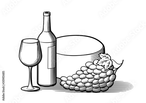 Composition of wine bottle, empty wineglass, cheese wheel and bunch of grapes with leaf. Black and white stylized vector illustration