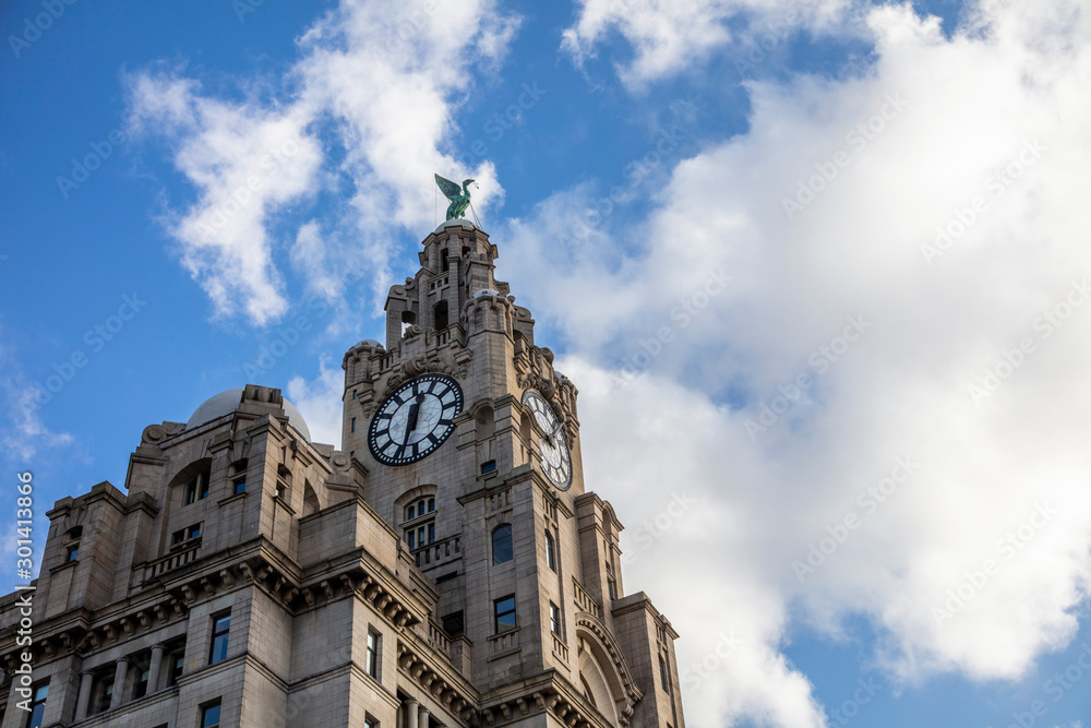 View of the iconic Royal Liver Building in Liverpool, UK