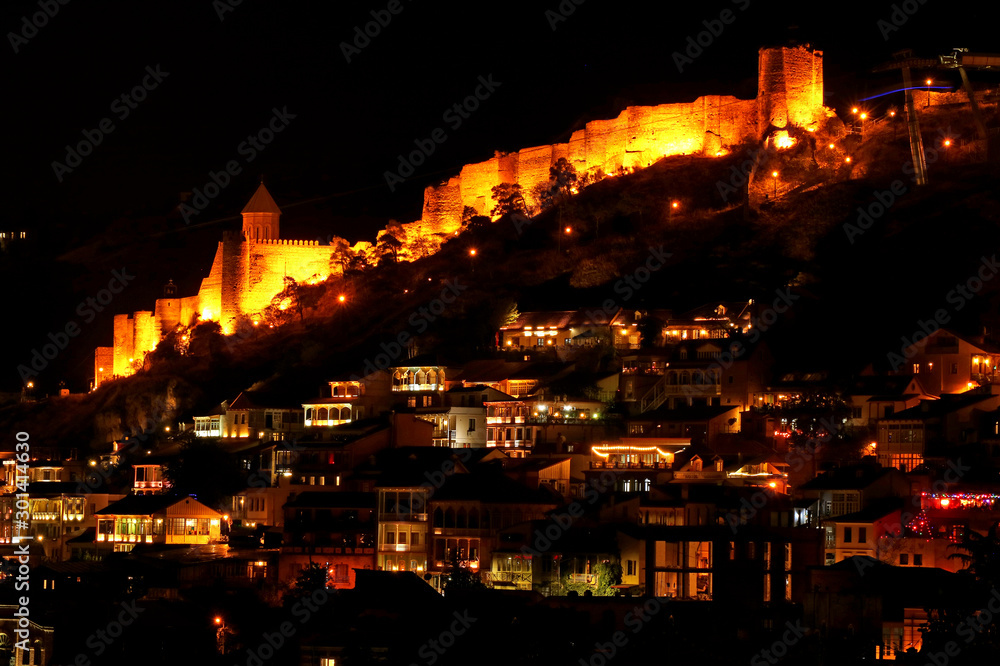 Stunning Night View of Lighted Up Narikala Ancient Fortress, Tbilisi, Georgia 