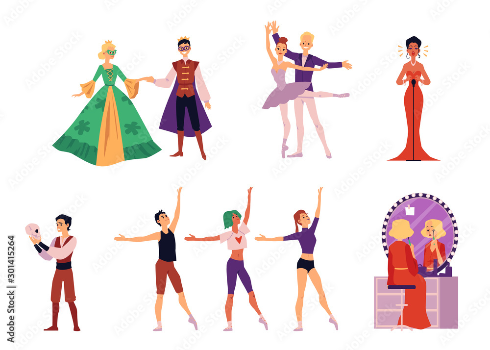 Cartoon theater actor, singer and dancer set isolated on white background Cartoon theater actor, singer and dancer set isolated on white background