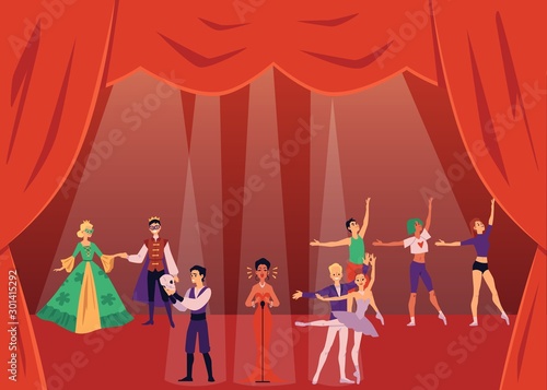 Theater actors or show artists on stage with curtains flat vector illustration.