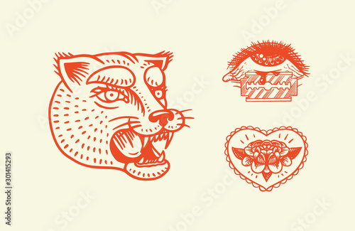 Old school Tattoo stickers. Panther, heart and eye. Engraved hand drawn vintage retro sketch for notebook or logo.
