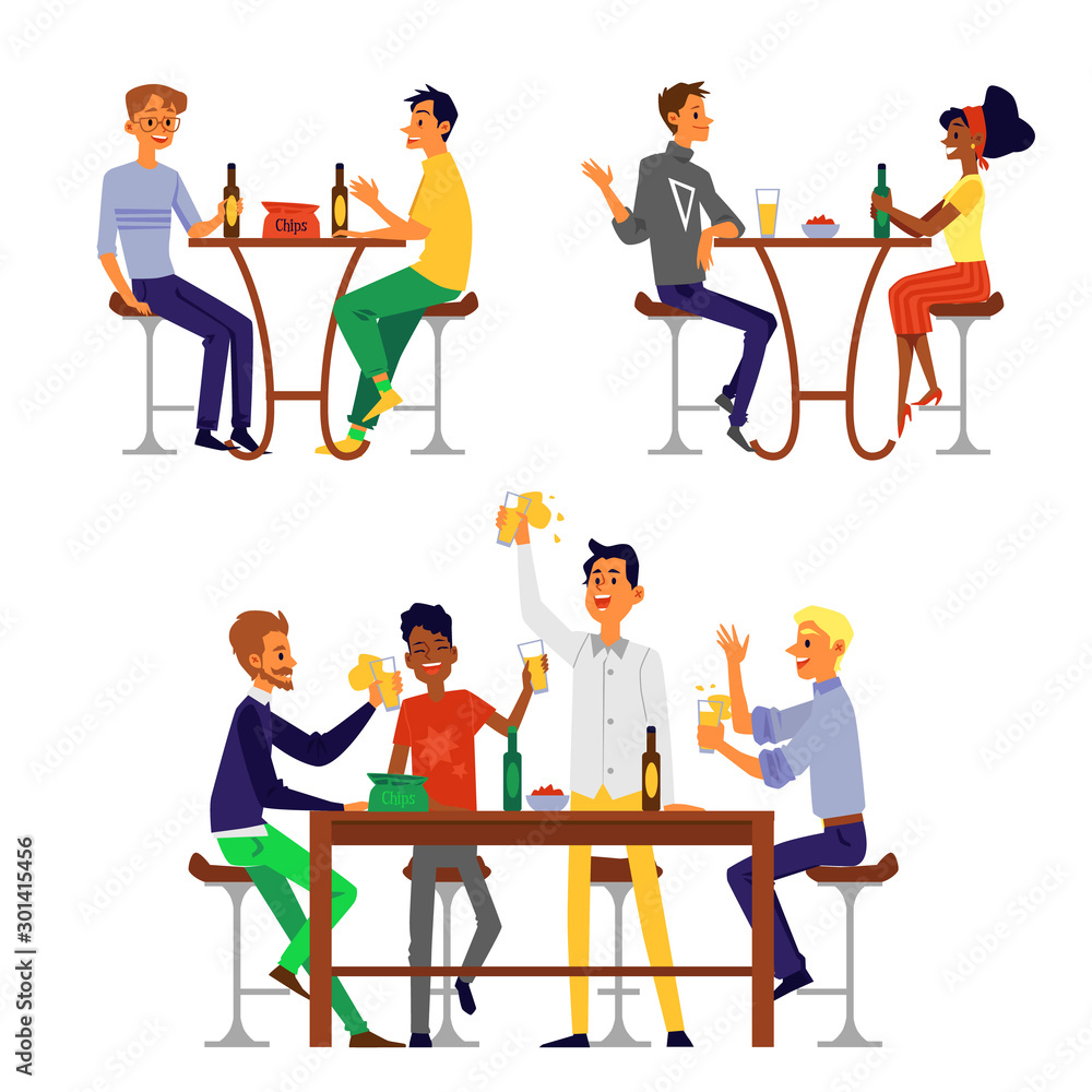 Set of people groups drinking beer, flat cartoon illustration isolated.