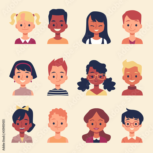 Cute cartoon children portrait set -different diverse group of boys and girls © sabelskaya