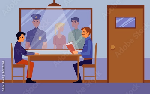 Police interrogation room interior with cartoon policeman questioning suspect