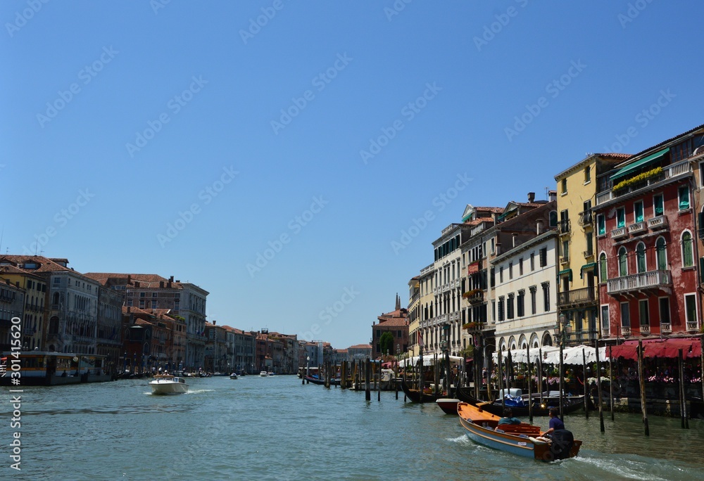 Venice (Italy). June 2019. Grand Canal. One of the main water transport corridors in the city. One end of the canal leads to the lagoon near Santa Lucia Train Station, and the other leads to San Marco