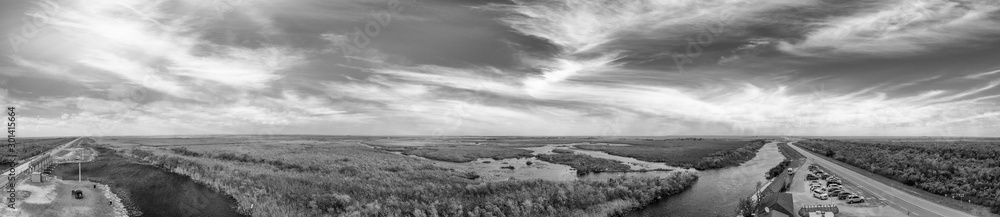 Aerial view of the Everglades National Park, Florida, United States. Swamp and wetlands on a beautiful day