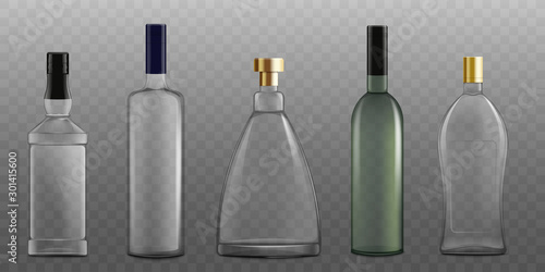 Set of alcohol glass bottles realistic vector mockup illustration isolated.