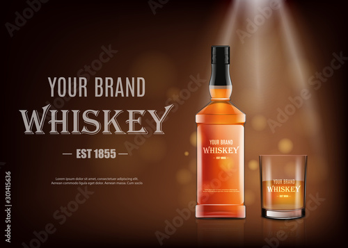 Banner template with whiskey bottle and glass, realistic vector illustration.