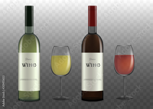 Set of wine bottles and glasses realistic vector illustration mockup isolated.