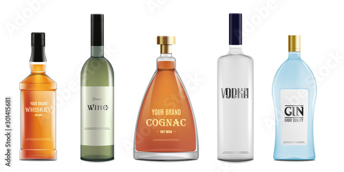 Set of alcohol beverages bottles realistic vector mockup illustration isolated.