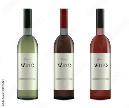 Set of alcohol wine bottles with labels realistic vector mockup isolated.