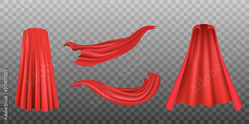 Set of red superhero cloaks or fabrics, realistic vector illustration isolated.