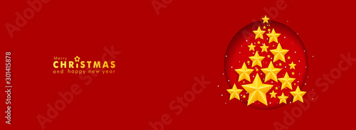 Happy New Year and Merry Christmas. Vector Template Design Illustration for Cover of business diary card or discount coupon. Banner with a gold Christmas tree made of stars made of gold foil.