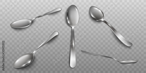 Set of different angles of metal spoons realistic vector illustration isolated.