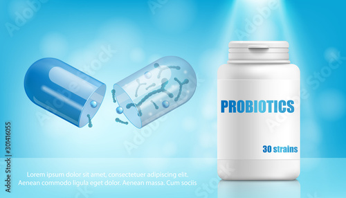 Probiotics bacteria pills and plastic container realistic vector illustration.