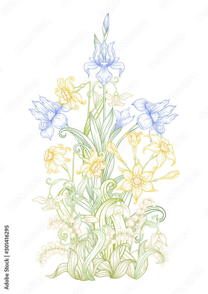A bouquet of spring flowers. Element for design. Vector illustration. In art nouveau style, vintage, old, retro style. Isolated on white background.. A bouquet of spring flowers. Element for design. Vector illustration. In art nouveau style, vintage, old, retro style. Isolated on white background..