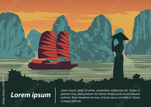 Vietnamese woman look to ship in ha long bay,landmark of Vietnam on sunset time,vintage color style,vector illustration