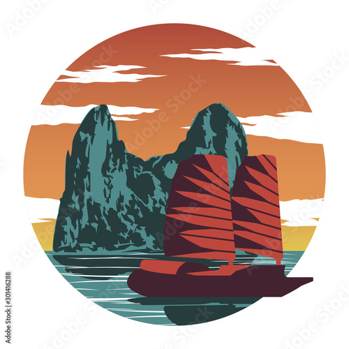 Rock island and red ship at Ha long bay famous landmark of Vietnam and ASEAN ,for cloth and web design,vintage color,vector illustration