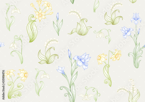 Fototapeta Naklejka Na Ścianę i Meble -  Spring flowers. Narcissus, Iris, lily of the valley, may-lily, Seamless pattern, background. Vector illustration. In art nouveau style, vintage, old, retro style. On soft grey background