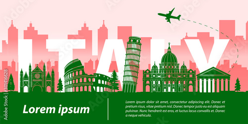 Italy top famous landmark silhouette style,Italy text within,travel and tourism,vector illustration,flag color design