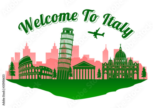 Italy top famous landmark silhouette style on island, welcome to Italy text,travel and tourism,vector illustration,flag color desisn