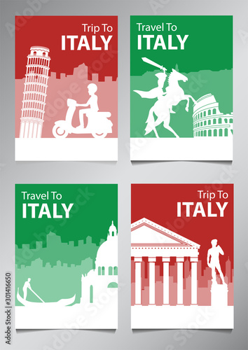 Italy famous landmark and symbol in silhouette style with national flag color theme brochure set,vector illustration