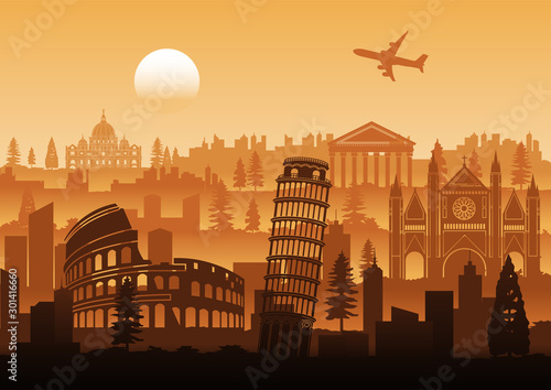 Italy famous landmark silhouette style with row design on sunset time,vector illustration