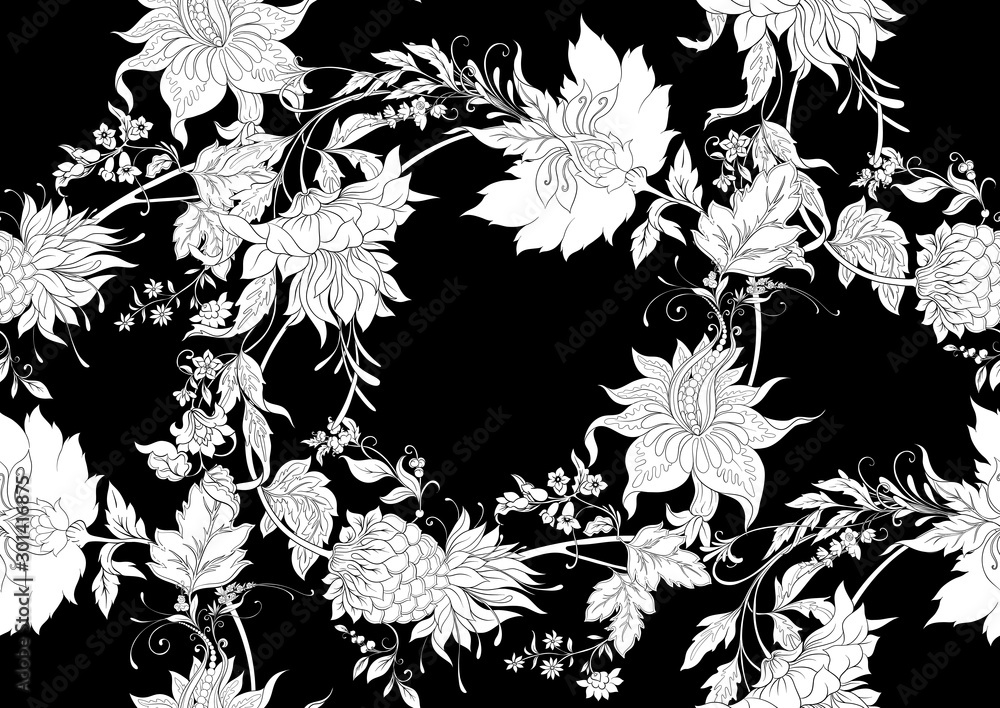 Fototapeta Fantasy flowers in retro, vintage, jacobean embroidery style. Seamless pattern background. Black and white graphics Vector illustration