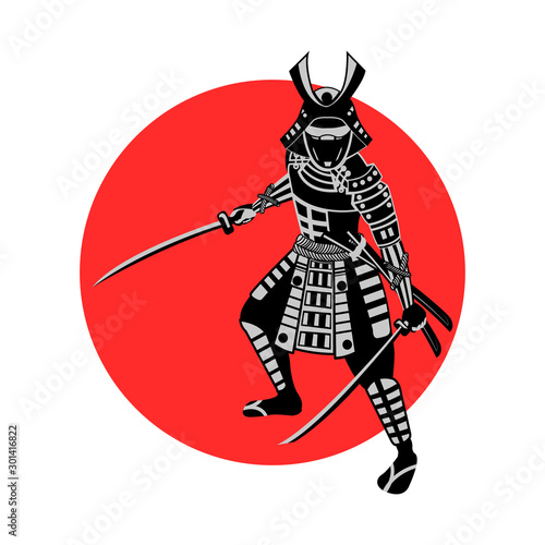 Samurai hold sword in front of red circle,warrior of japan,monochrome realistic design,vector illustration
