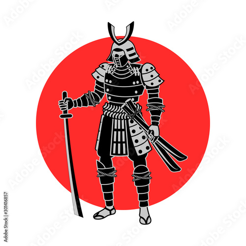 Samurai hold sword in front of red circle,warrior of japan,monochrome realistic design,vector illustration