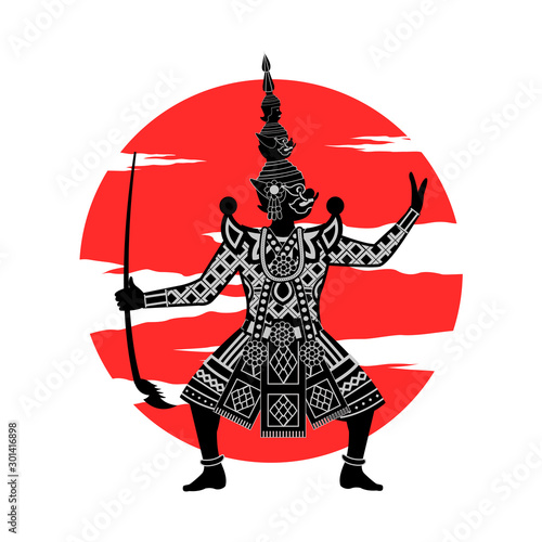 King of Giant stand in front of red circle,character of Ramayana pantomime of Thailand and India,monochrome realistic design