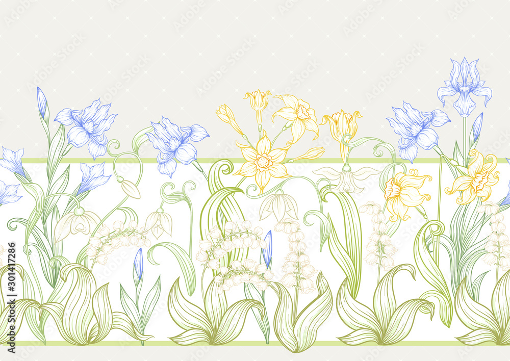 Spring flowers. Narcissus, Iris, lily of the valley, may-lily, Seamless pattern, background. Vector illustration. In art nouveau style, vintage, old, retro style. On soft grey background