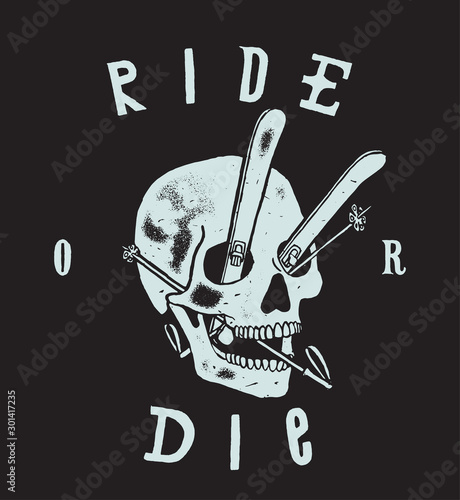 Skull with skis inside it - ride or die - vintage ski print