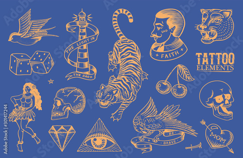 Old school Tattoo stickers set. Hawaiian hula dancer woman, hipster man, lighthouse, panther, skull and snake. Engraved hand drawn vintage retro neon sketch for notebook or logo.