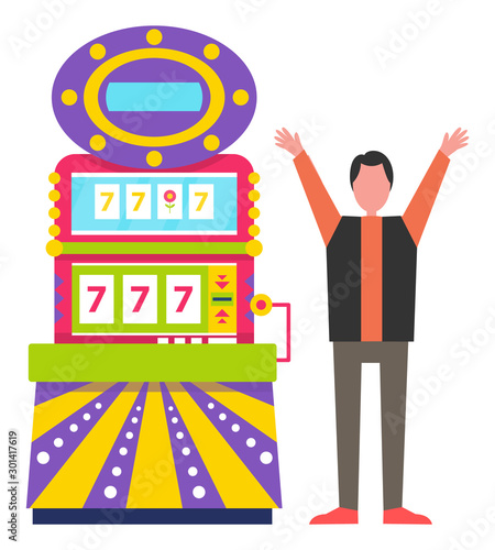 Gambler happy of victory, isolated man standing by slot machine showing lucky numbers. Winning money, triple 777 addicted gamer male. Vector illustration in flat cartoon style