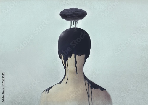 Surreal scene of Sad and depression human concept, alone, lonely, emotion, fantasy painting illustration photo