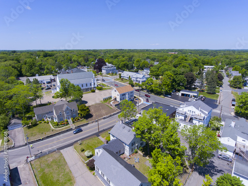 Aerial view of Medway historic town center, St. Joseph's Parish Church and Village Street in summer, Medway, Boston Metro West area, Massachusetts, USA. photo