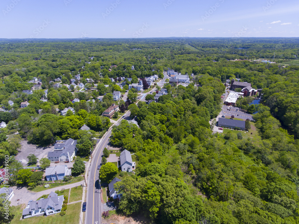 Aerial view of Medway historic town center and Village Street in summer, Medway, Boston Metro West area, Massachusetts, USA.